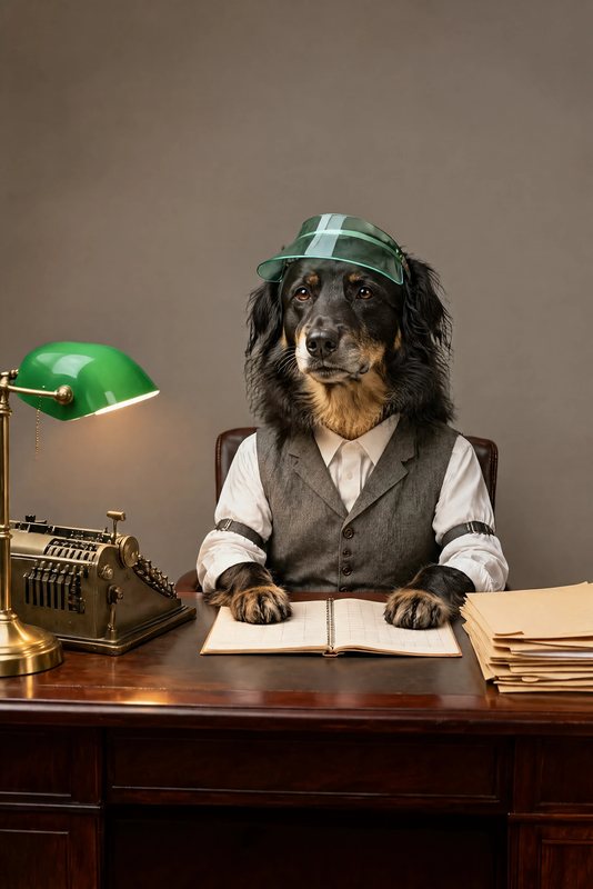The Bookkeeper look made with a black-and-tan Hovawart