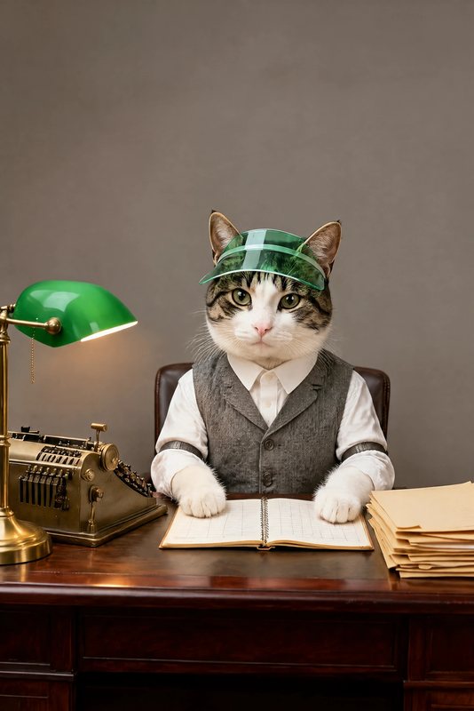 The Bookkeeper look made with a tabby-and-white cat