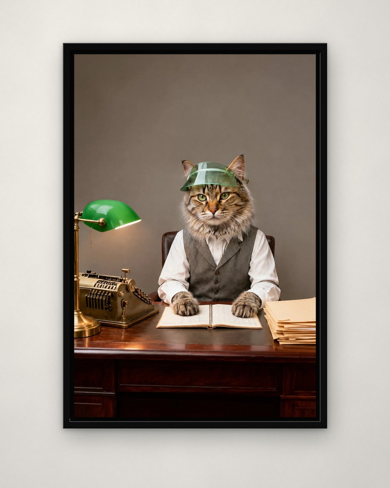 The Bookkeeper portrait on canvas in a black floating frame on a plain wall