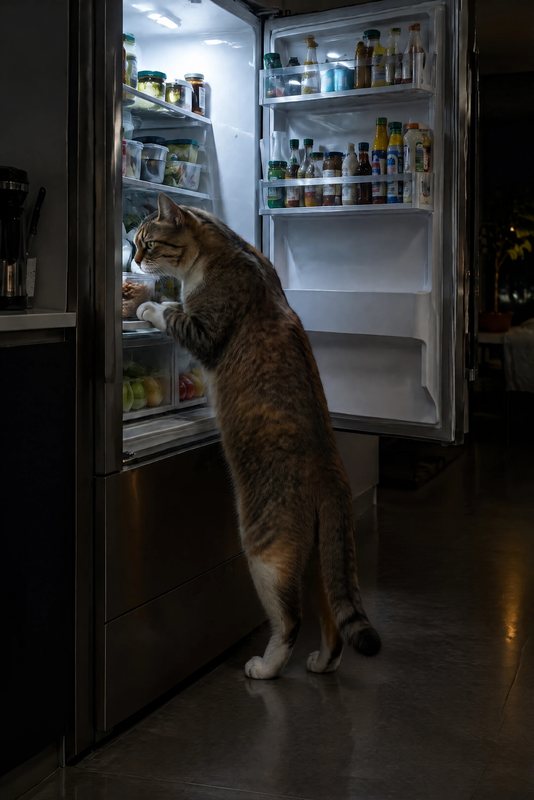The Fridge Raid look made with a tortoiseshell tabby cat