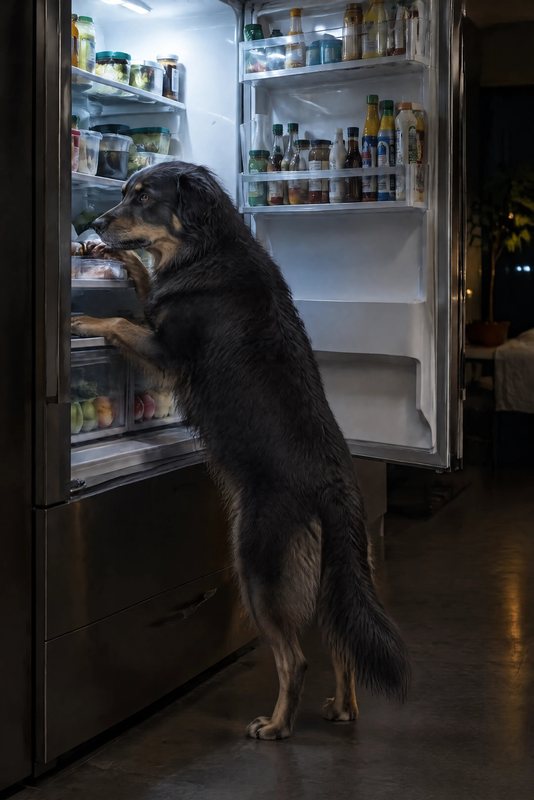 The Fridge Raid look made with a black-and-tan Hovawart