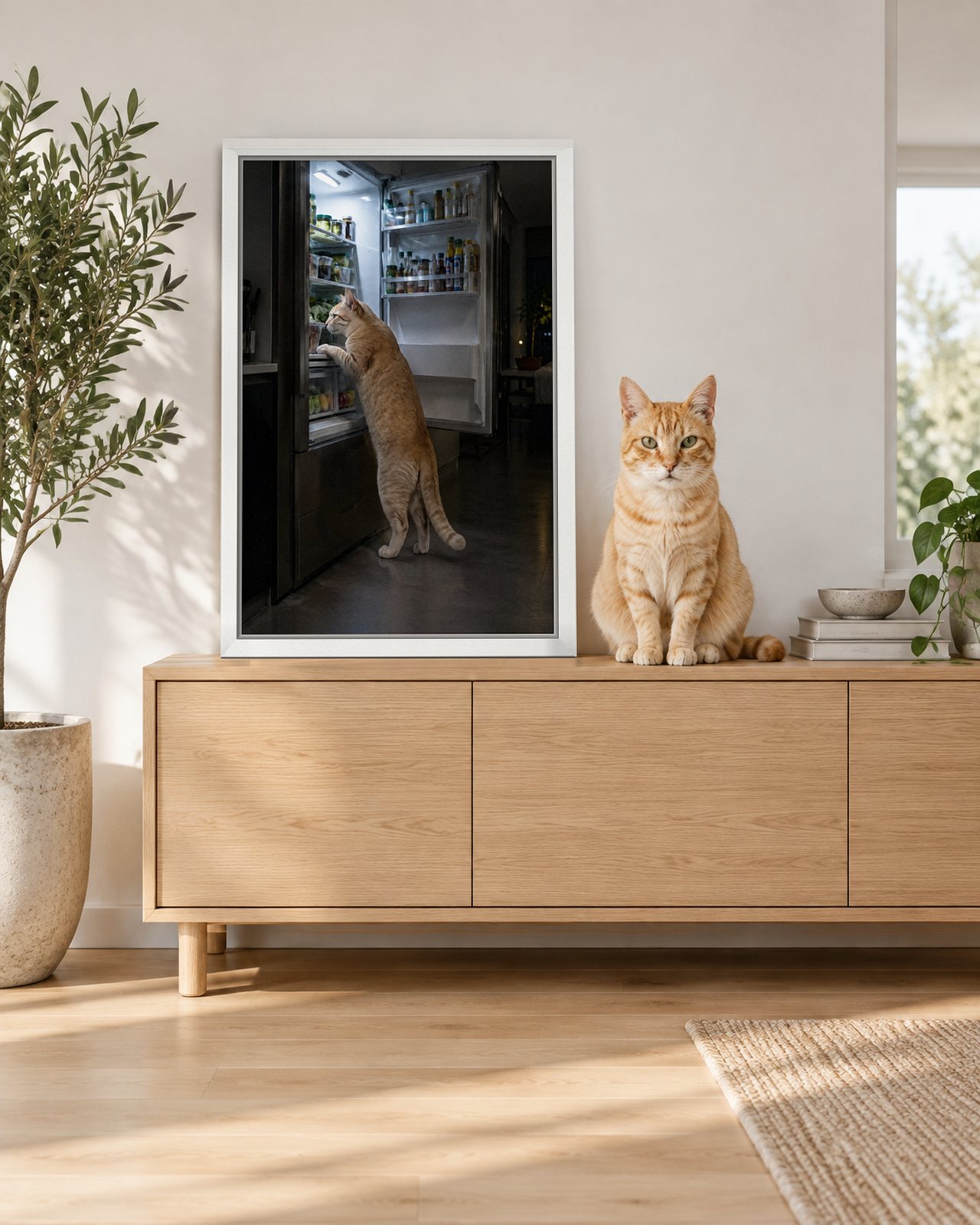 Fridge Raid portrait on canvas in a white floating frame in a bright modern living room, with the cat beside it