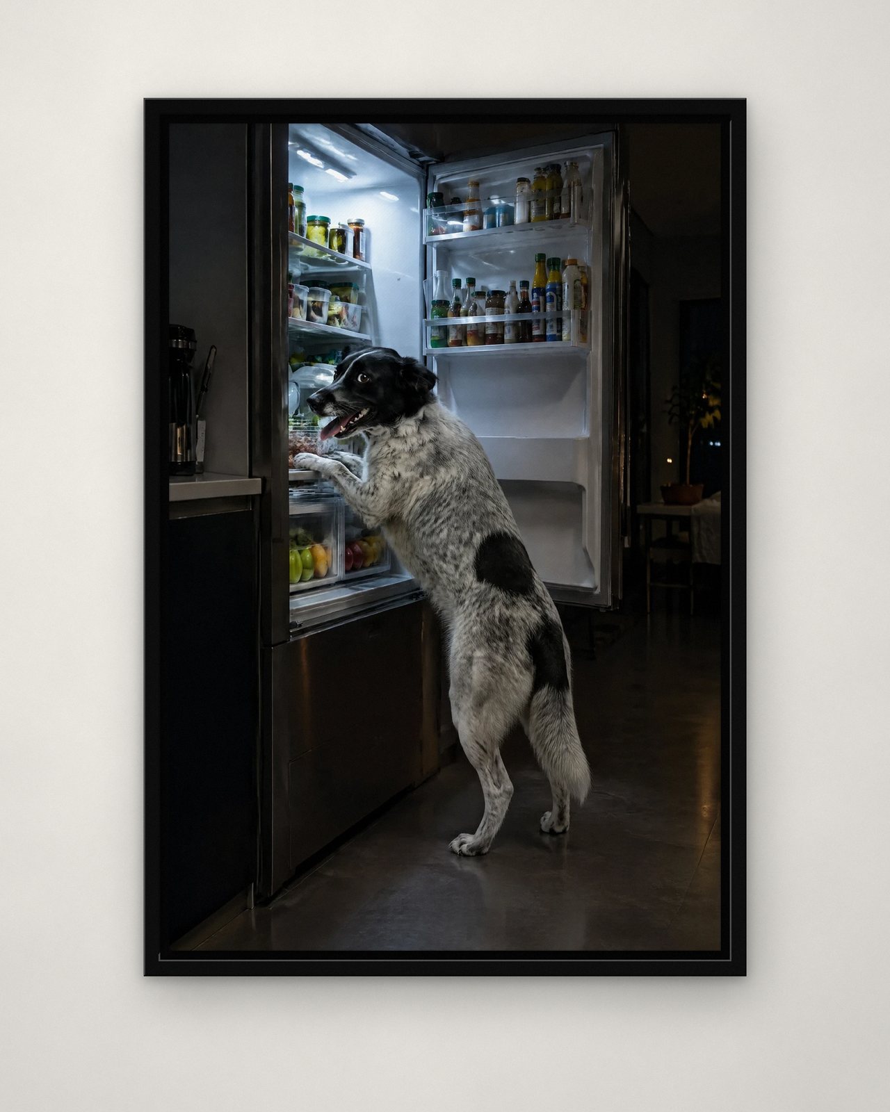 Fridge Raid portrait on canvas in a black floating frame on a plain wall