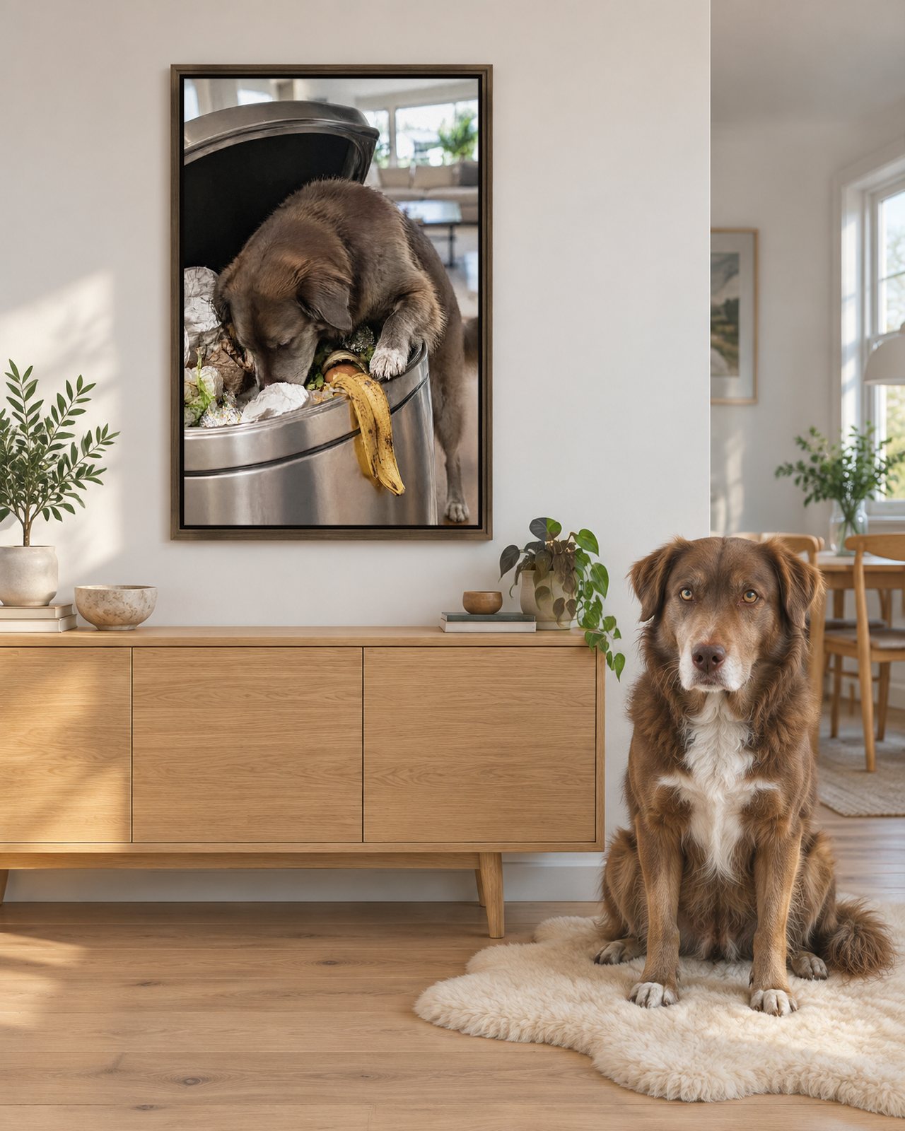 Trash Diver portrait on canvas in a brown floating frame in a Scandinavian living room, with the dog beside it