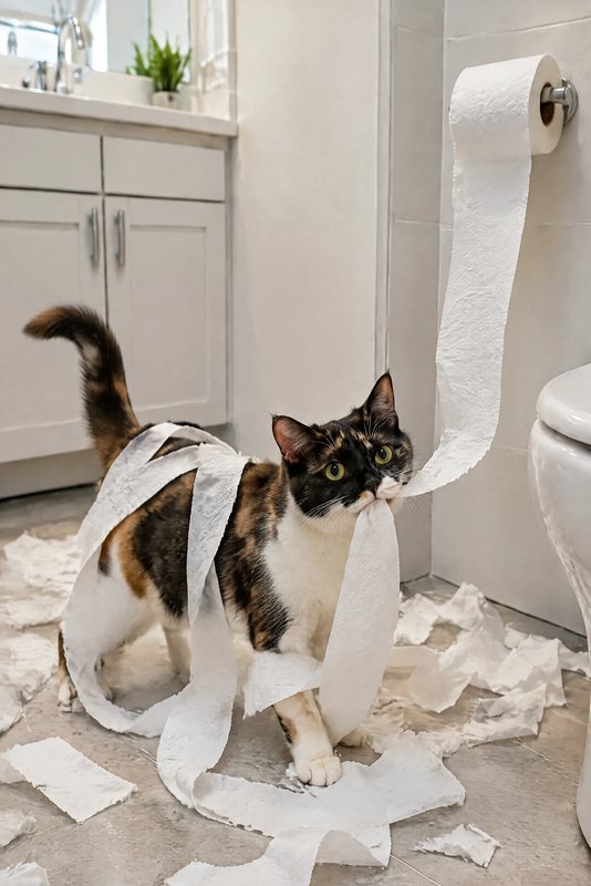 The Toilet Paper Chaos look made with a calico cat