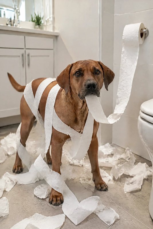The Toilet Paper Chaos look made with a red-brown hound