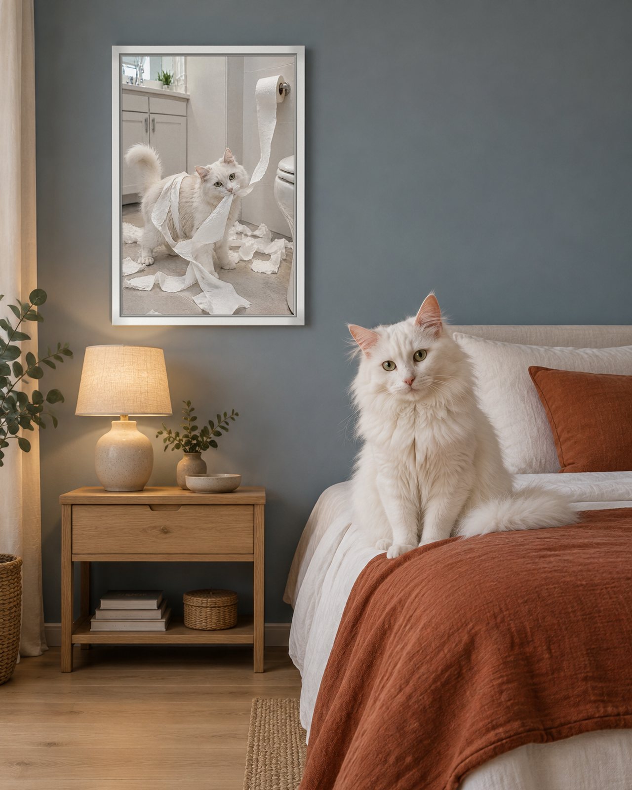 Toilet Paper Chaos portrait on canvas in a white floating frame in a dusty-blue bedroom, with the cat beside it