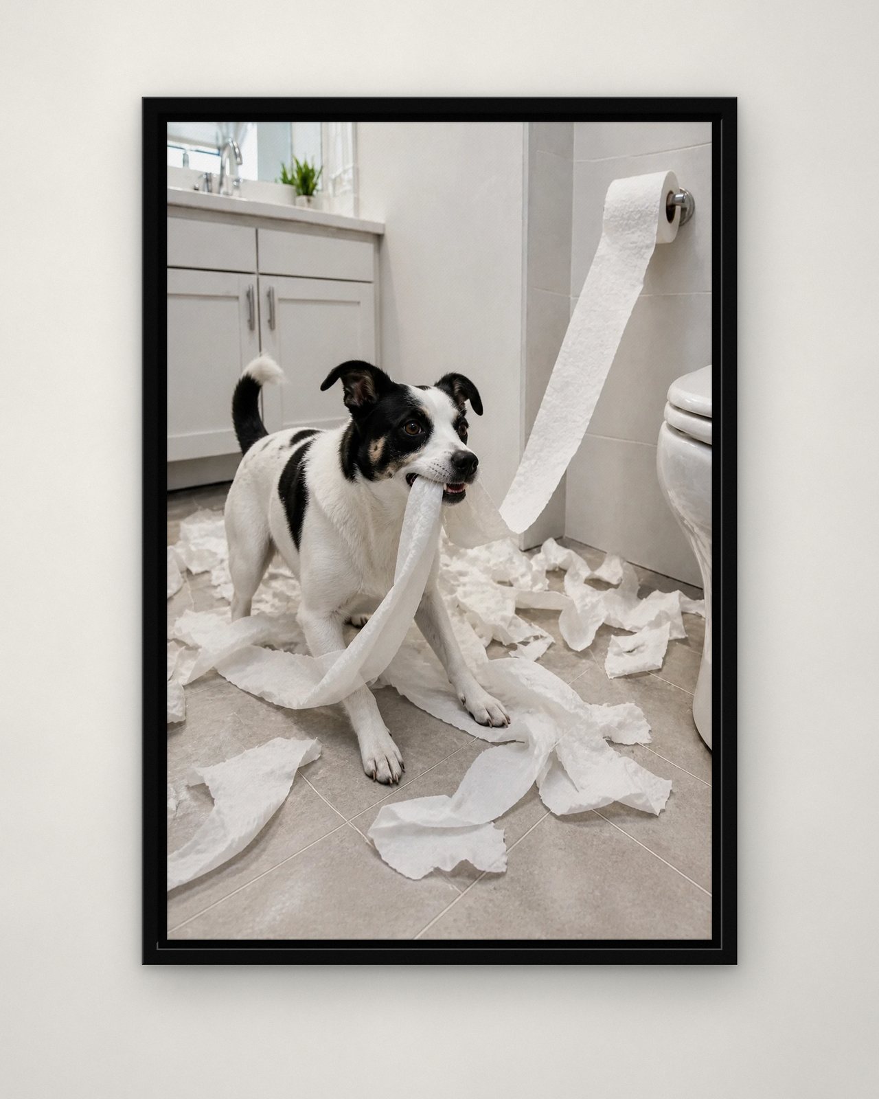 Toilet Paper Chaos portrait on canvas in a black floating frame on a plain wall