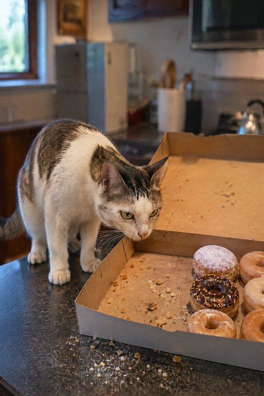 The Donut Heist look made with a white cat with a tabby cap