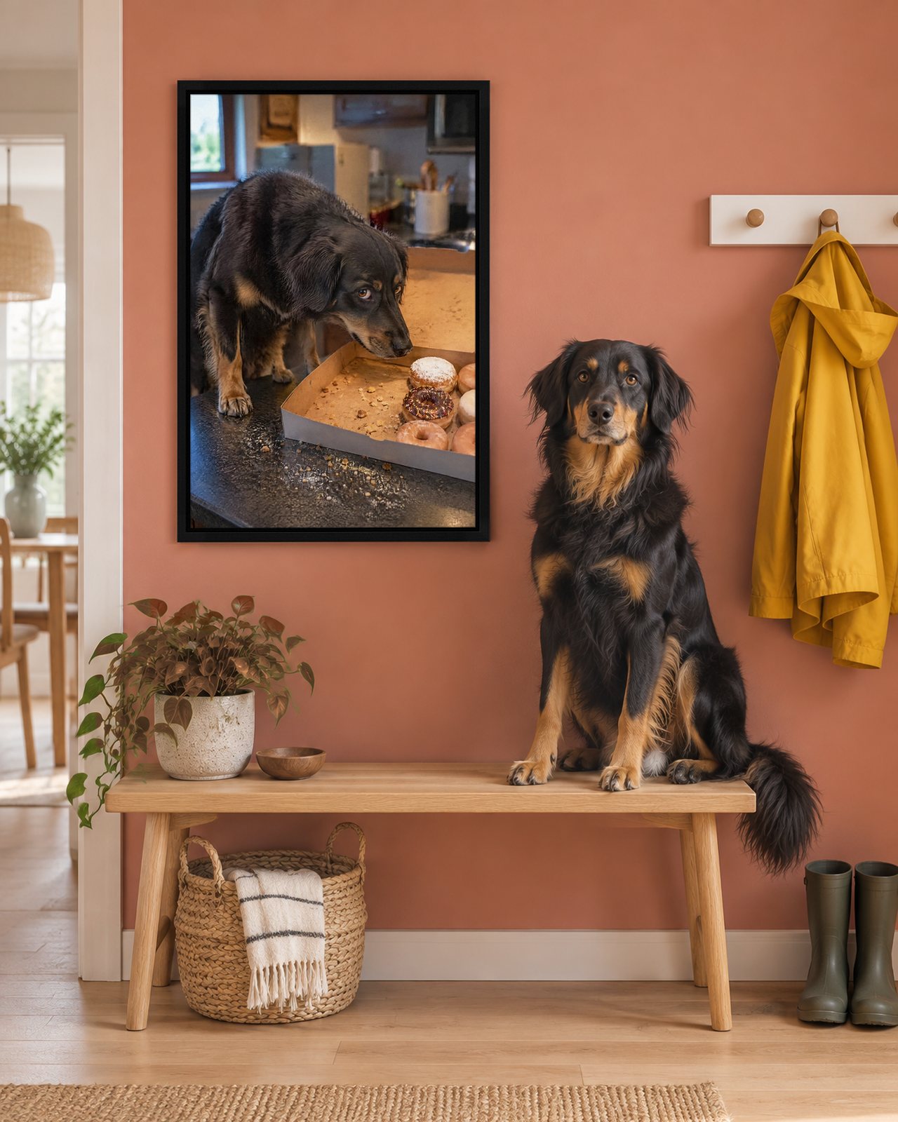 Donut Heist portrait on canvas in a black floating frame in a terracotta hallway, with the dog beside it