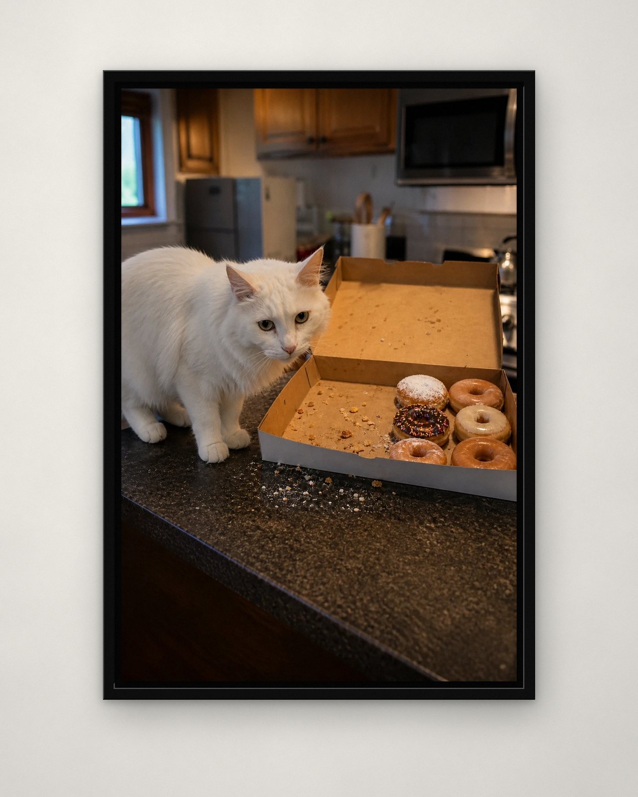 Donut Heist portrait on canvas in a black floating frame on a plain wall