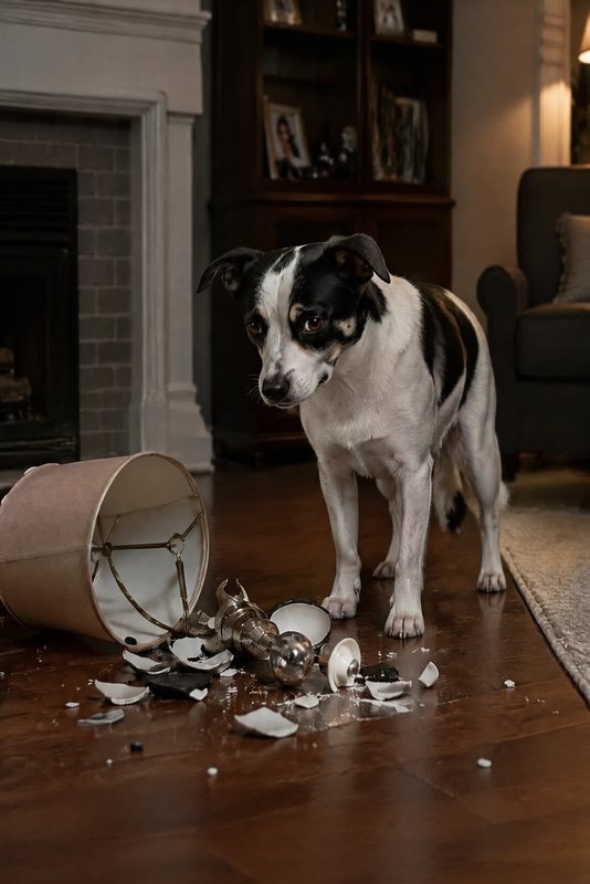 The Broken Lamp look made with a black-and-white dog