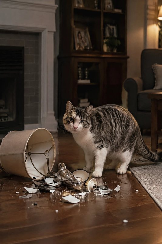 The Broken Lamp look made with a tabby-and-white cat
