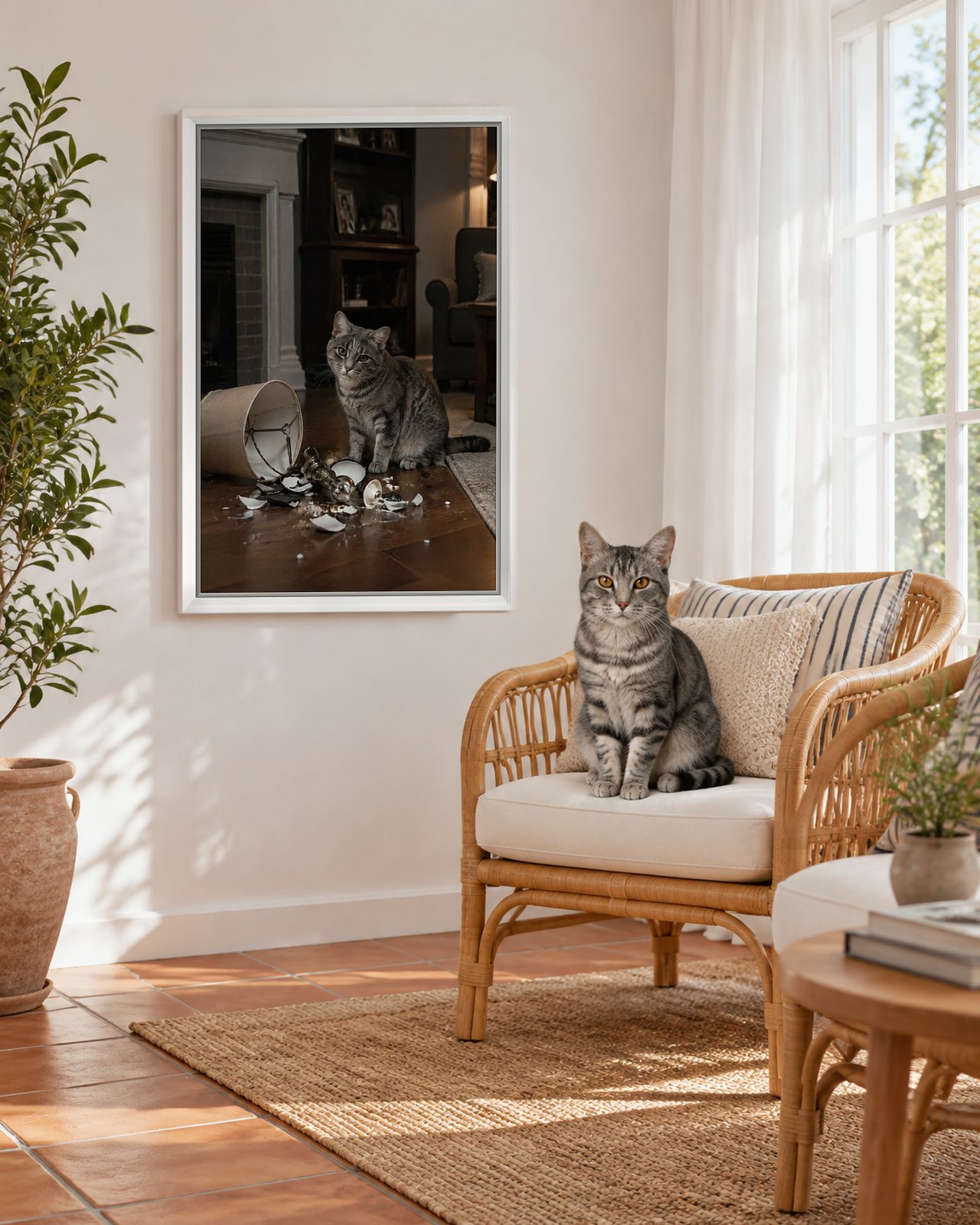 Broken Lamp portrait on canvas in a white floating frame in a sunroom with rattan chairs, with the cat beside it