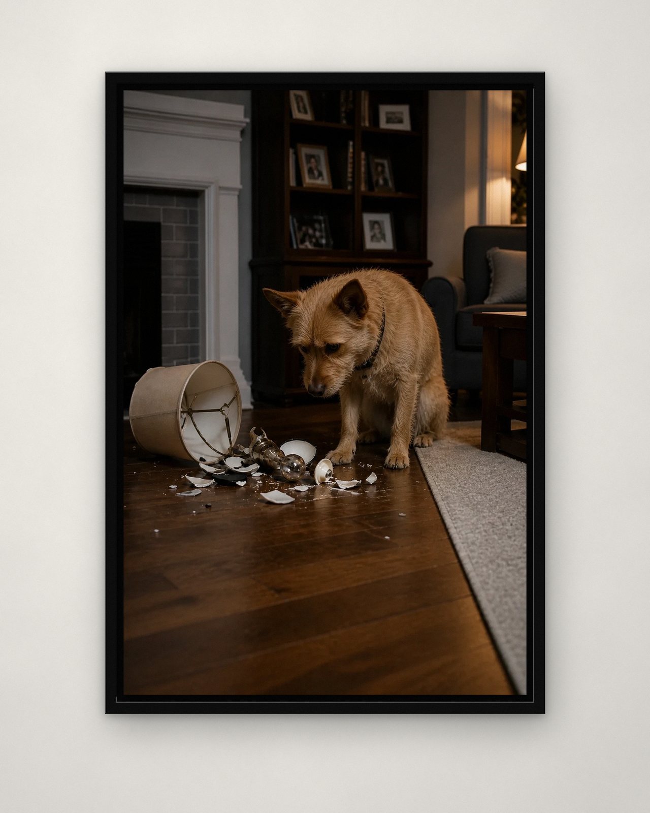 Broken Lamp portrait on canvas in a black floating frame on a plain wall
