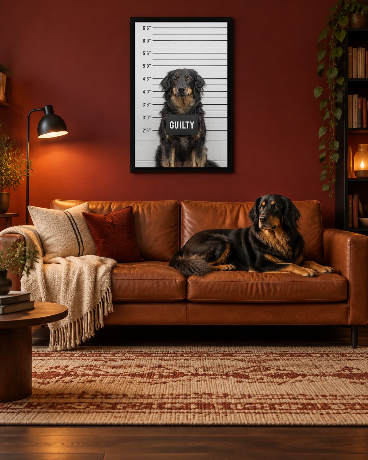 Mugshot portrait on canvas in a black floating frame in an oxblood reading room, with the dog beside it