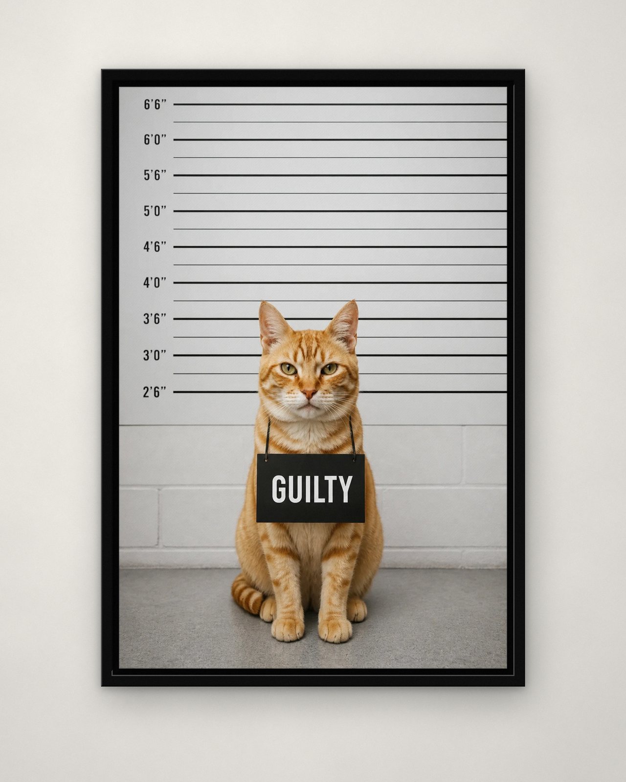 Mugshot portrait on canvas in a black floating frame on a plain wall