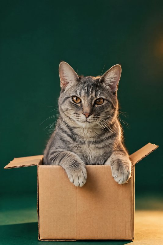 The Box Too Small look made with a grey tabby cat
