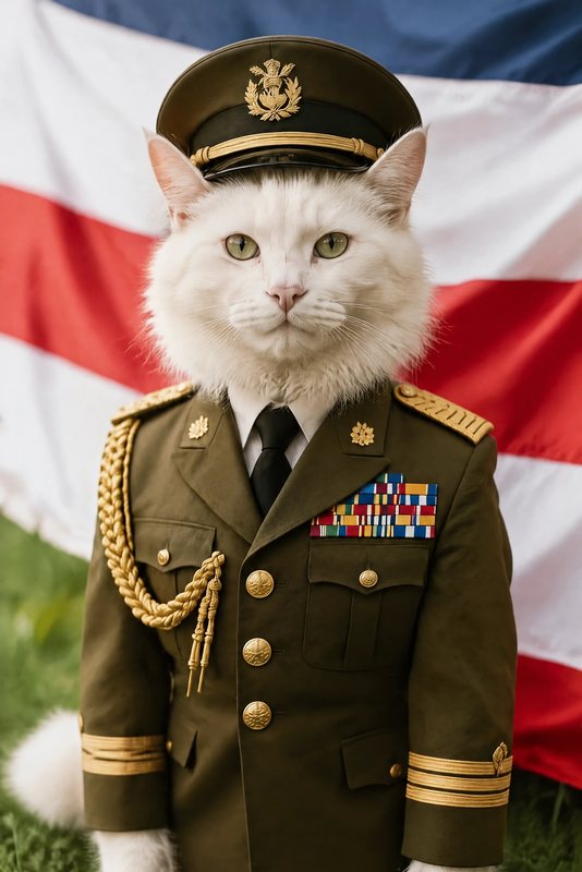 The Five-Star General look made with a fluffy white cat
