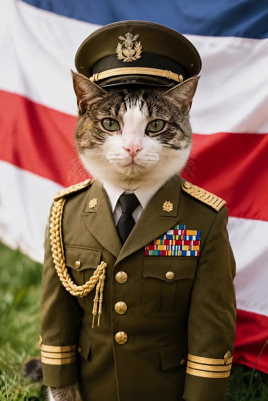 The Five-Star General look made with a tabby-and-white cat