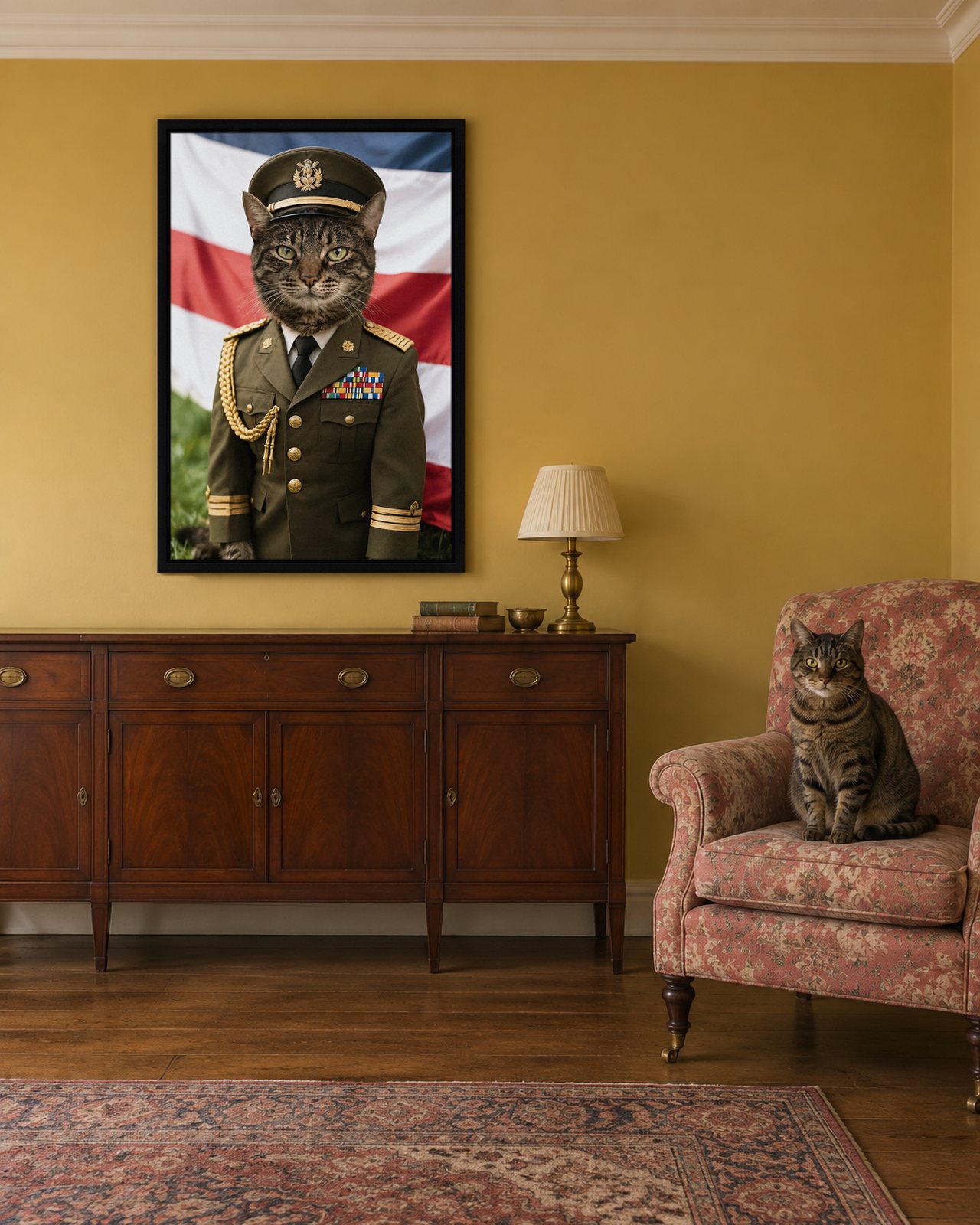 Five-Star General portrait on canvas in a black floating frame in an ochre morning room, with the cat beside it