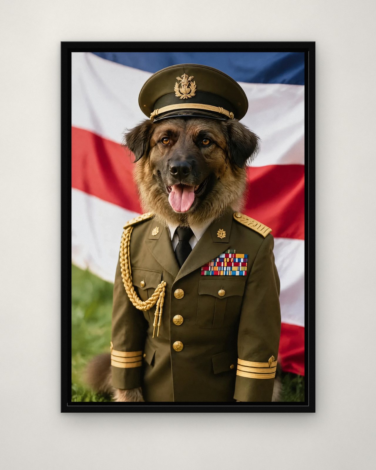 Five-Star General portrait on canvas in a black floating frame on a plain wall