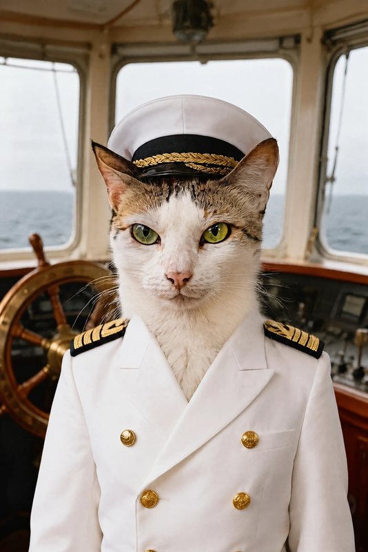 The Fleet Admiral look made with a white cat with a tabby cap