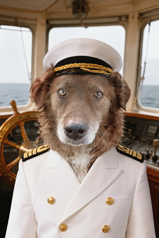 The Fleet Admiral look made with a chocolate shepherd-collie mix