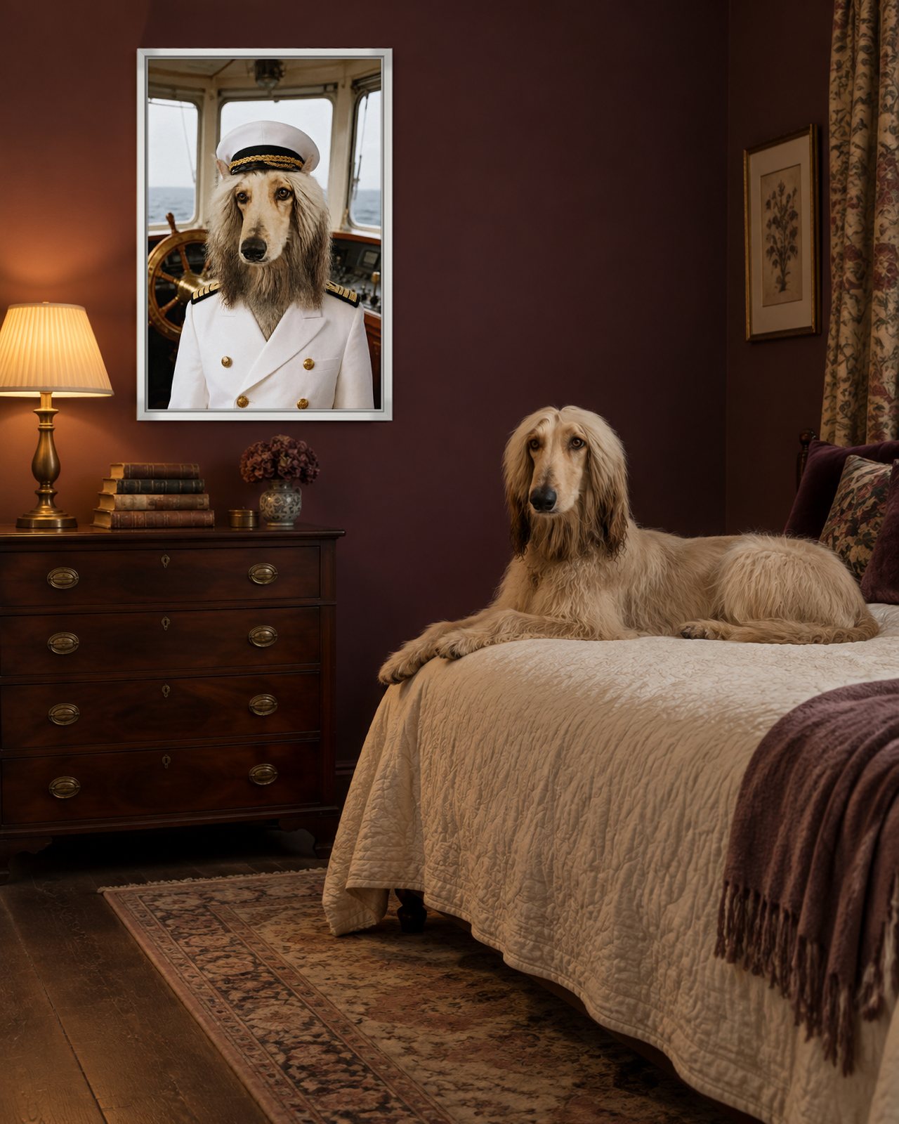 Fleet Admiral portrait on canvas in a white floating frame in a plum bedroom, with the dog beside it
