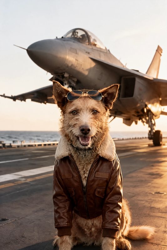 The Fighter Ace look made with a scruffy ginger terrier