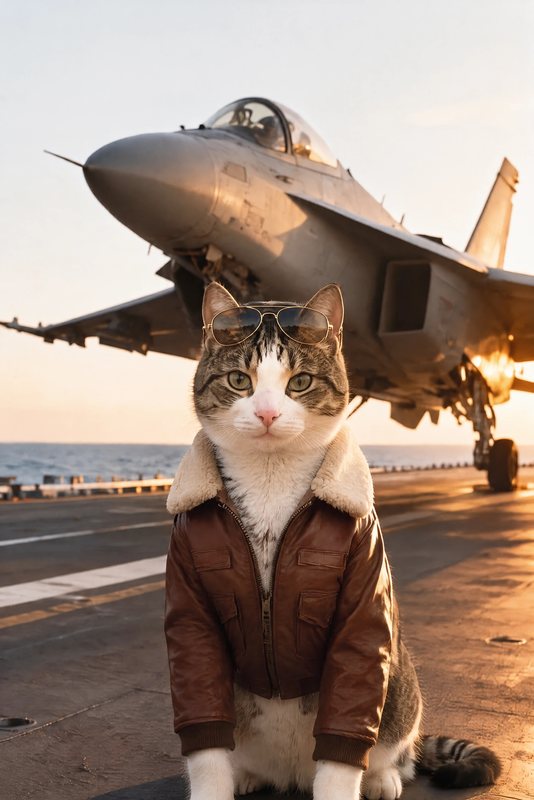 The Fighter Ace look made with a tabby-and-white cat