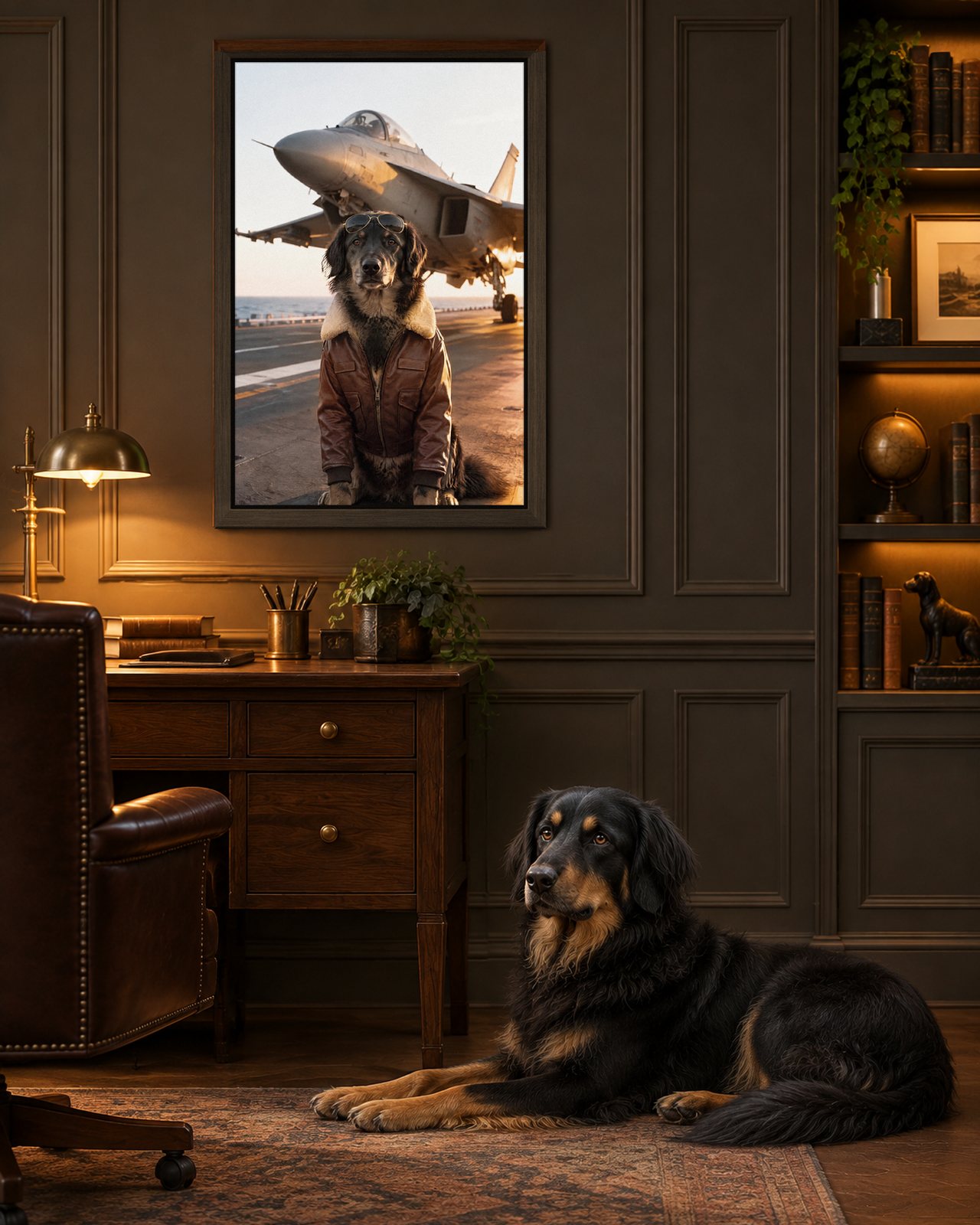 Fighter Ace portrait on canvas in a brown floating frame in a dark-panelled study, with the dog beside it