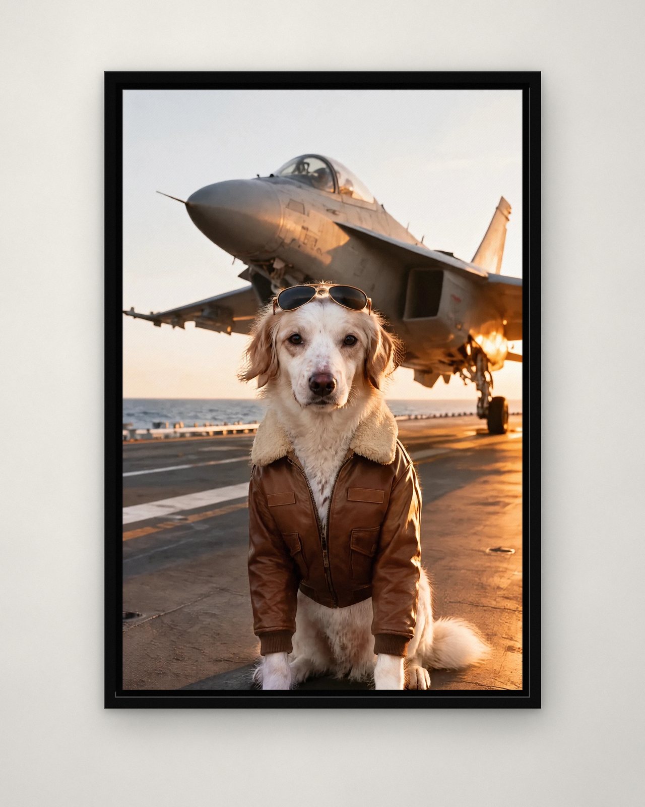 Fighter Ace portrait on canvas in a black floating frame on a plain wall