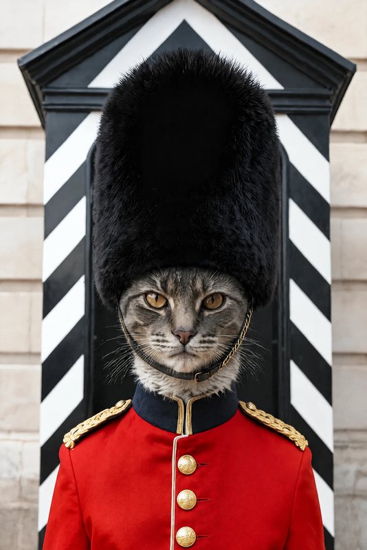 The Royal Guard look made with a grey tabby cat
