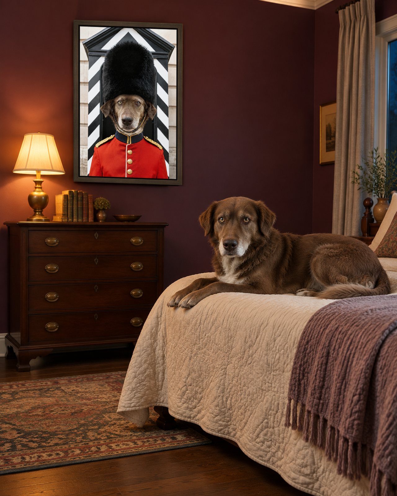 Royal Guard portrait on canvas in a brown floating frame in a plum bedroom, with the dog beside it