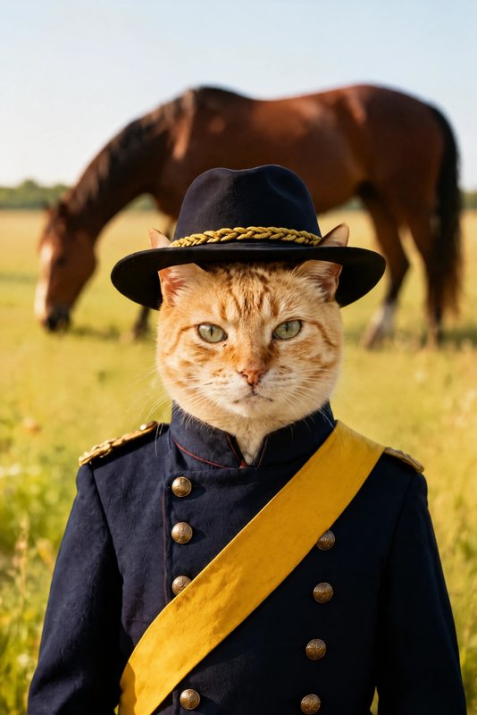 The Cavalry Colonel look made with a ginger tabby cat