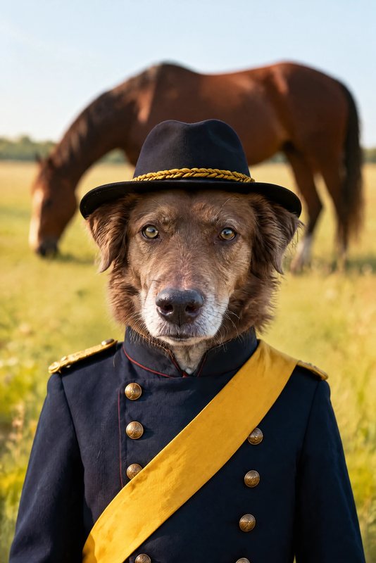 The Cavalry Colonel look made with a chocolate shepherd-collie mix