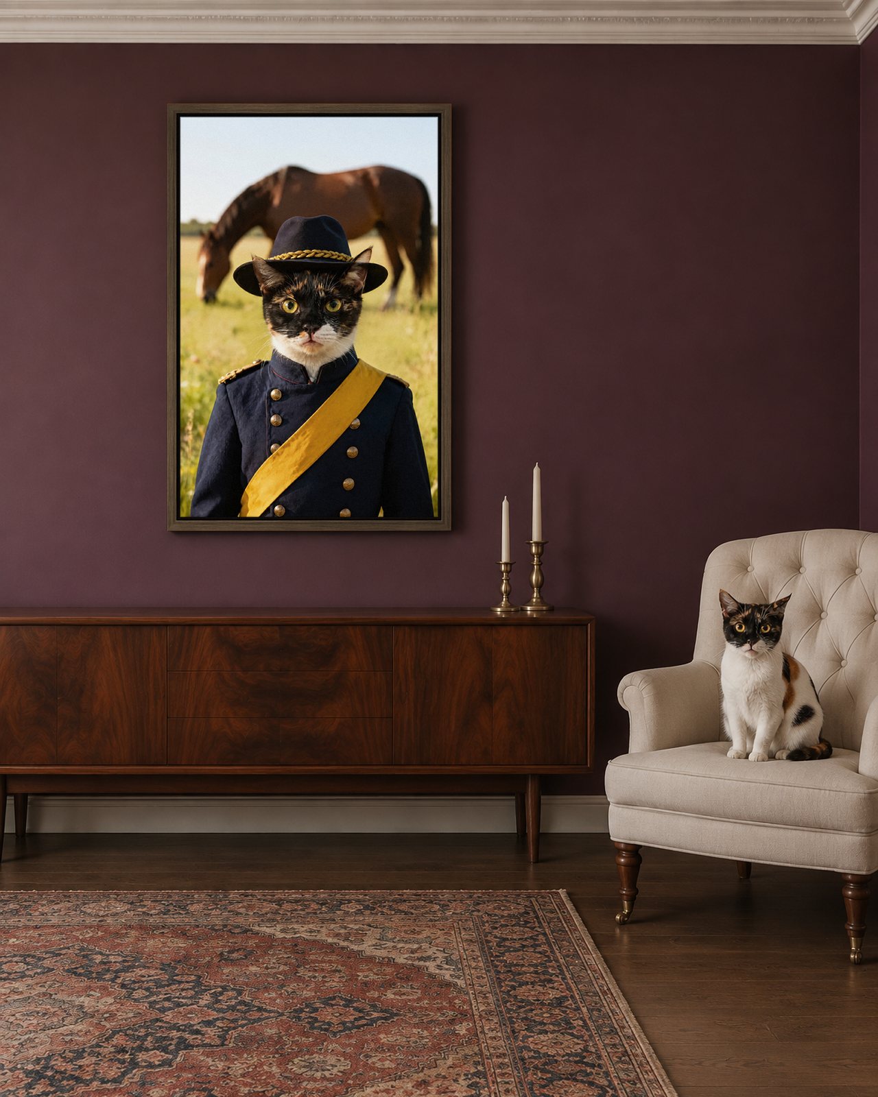 Cavalry Colonel portrait on canvas in a brown floating frame in a mulberry sitting room, with the cat beside it