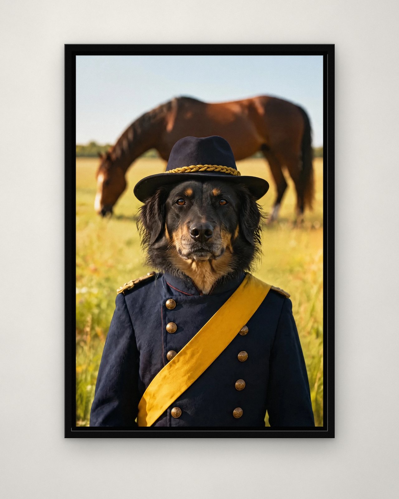 Cavalry Colonel portrait on canvas in a black floating frame on a plain wall