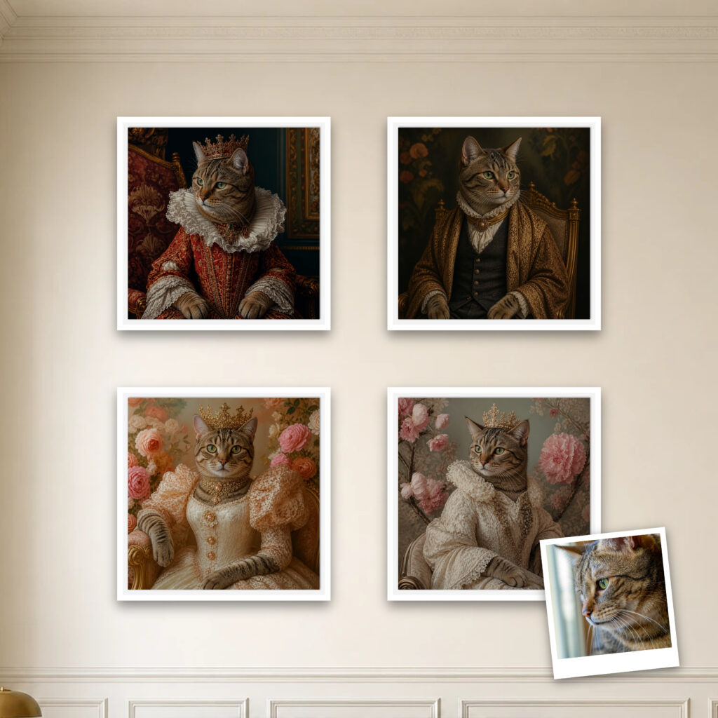 Custom pet portraits shown as a framed gallery wall in a living room
