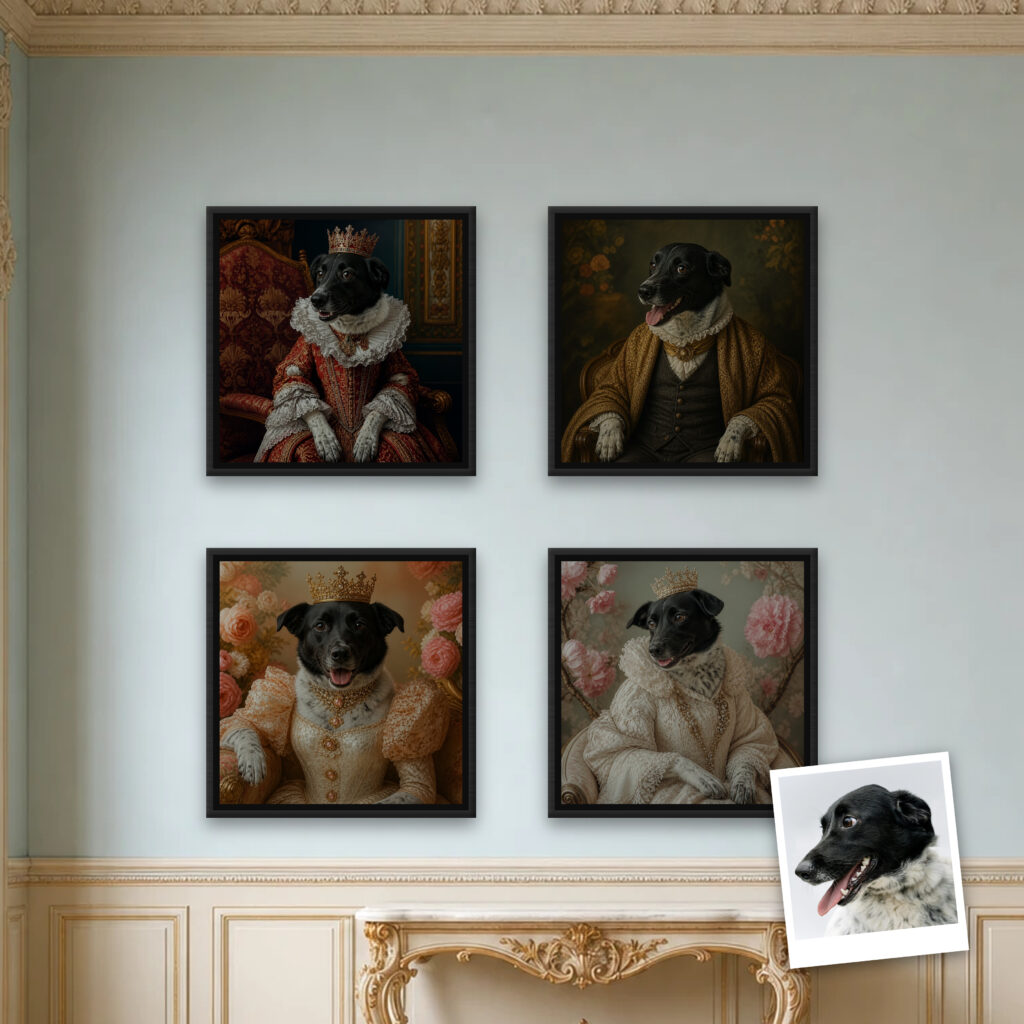 A custom pet portrait printed on canvas and displayed framed on a wall