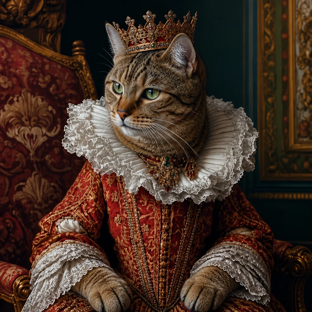 Regal renaissance cat portrait — a tabby cat as a crowned royal in a ruffled collar and red-and-gold robes