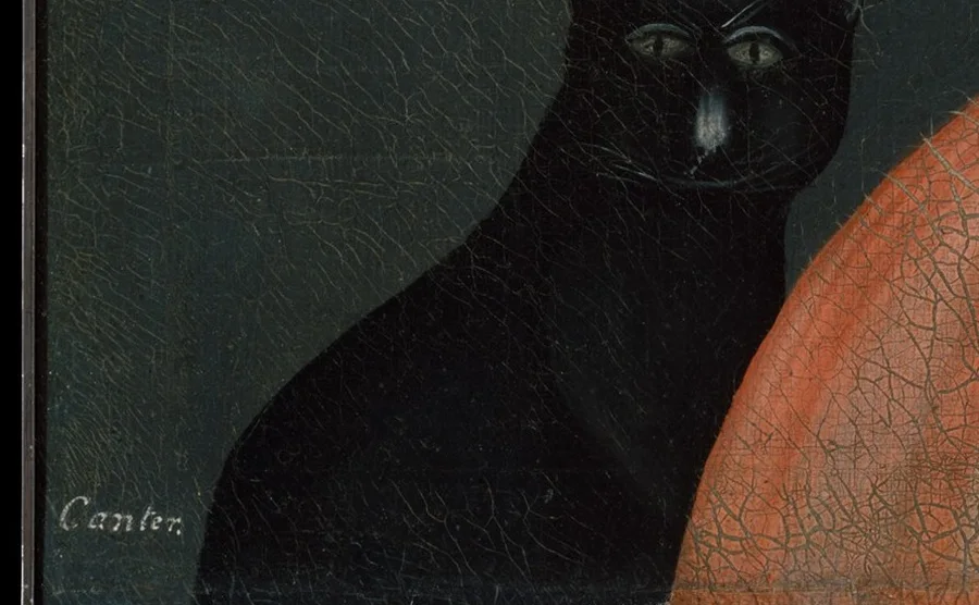 Detail of Rufus Hathaway's 1790 portrait showing a black cat with the word Canter painted in white script beside it