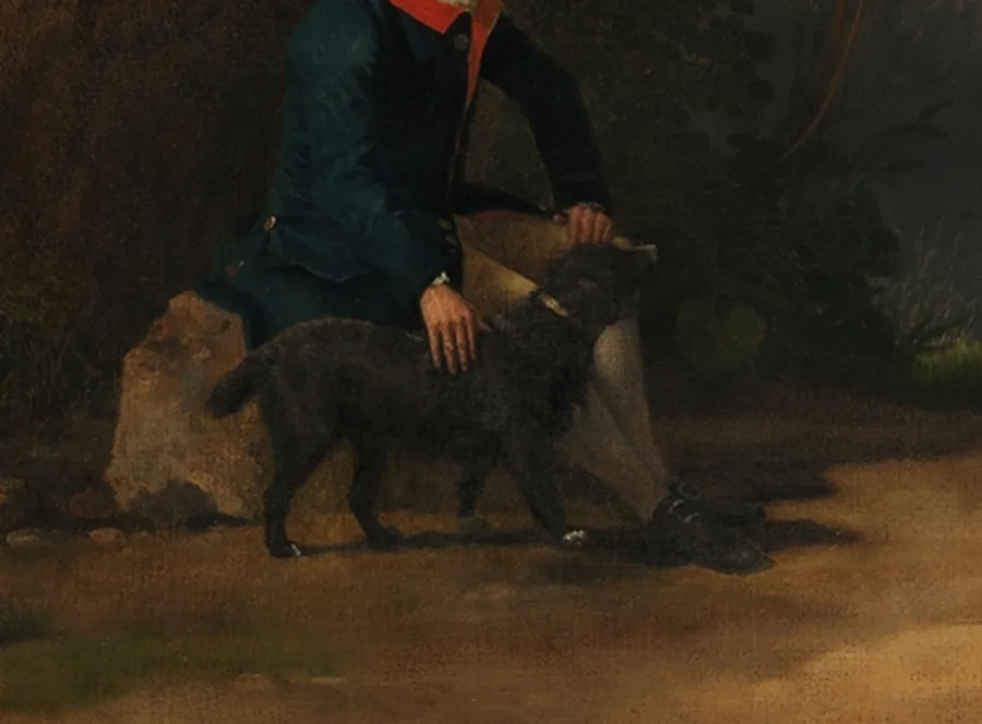 Detail of George Stubbs's painting showing the groom seated beneath an oak with a small black dog at his knee