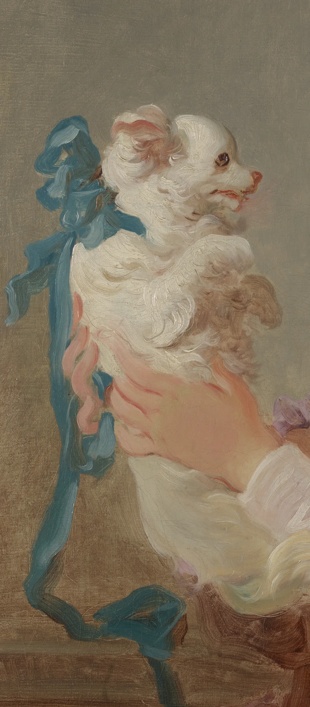 Detail of Fragonard's portrait showing a woman holding a small white beribboned lapdog up at her own eye level