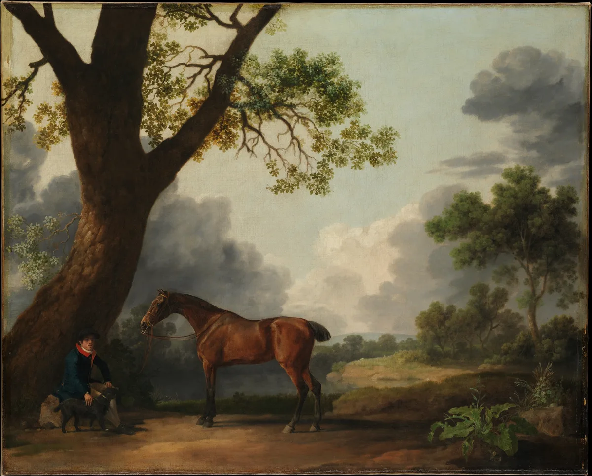 George Stubbs's painting of the Third Duke of Dorset's hunter, with the horse centre-frame and the groom seated small beneath a tree