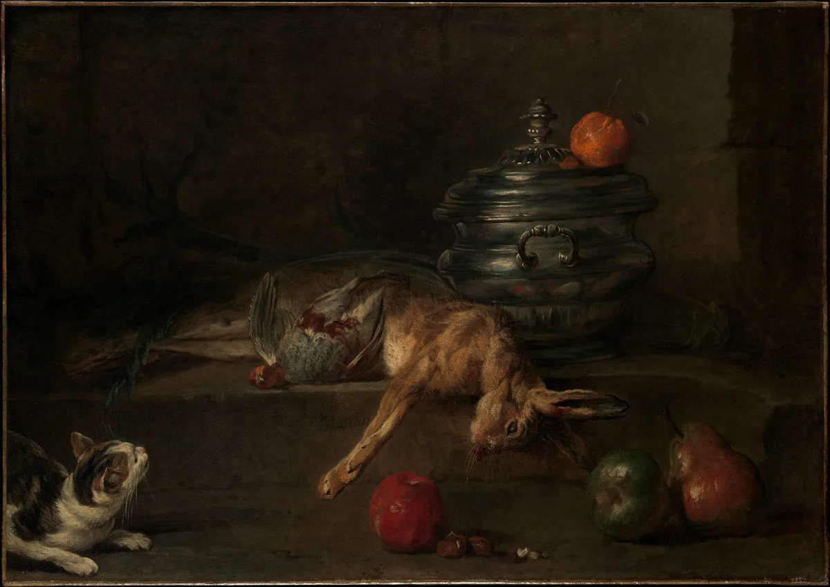 Chardin's The Silver Tureen, with a cat entering at the extreme left edge of the canvas toward a dead hare
